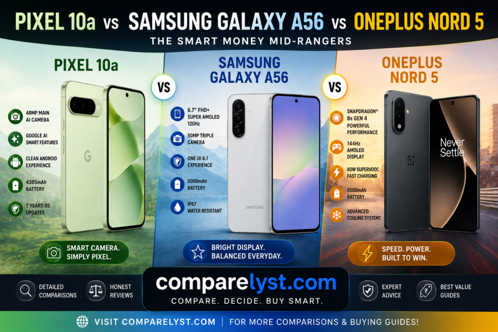 Pixel 10a vs. Samsung Galaxy A56 vs. OnePlus Nord 5